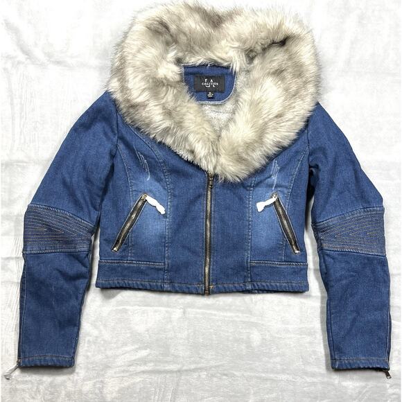 NEW Coalition LA Sz XL Faux Fur Collar and Lining Cropped Denim Jean Jacket NWT - Picture 1 of 16
